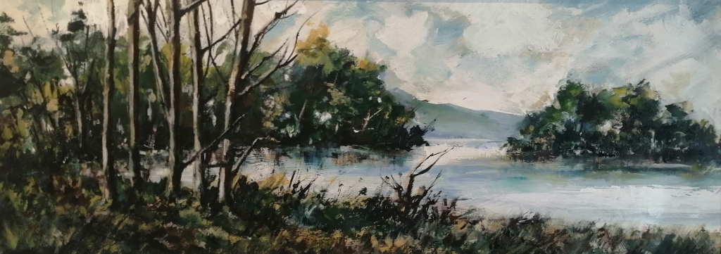 Diane White
Lakeside, 
Oil on canvas,
490x1070mm,
Framed,
R12 000